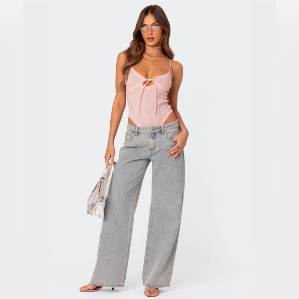 Edikted Light Pink Tank Top with Light Gray Wide Leg Jeans